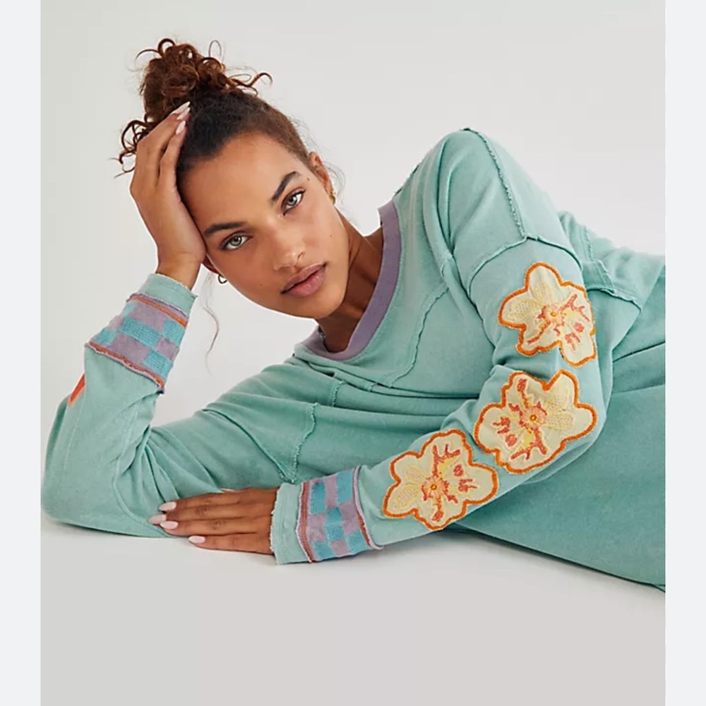 XL Free People Mint Green Floral Long Sleeve Top